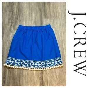 JCREW linen blend boho short skirt with embroidered tassel hem. Lined. Like new